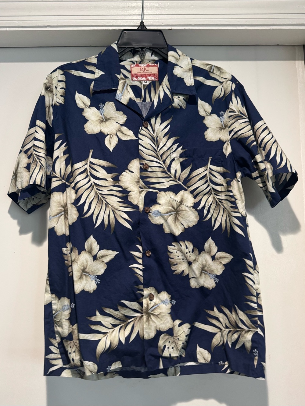RJC Shirt Mens Medium Blue Floral Tropical Hawaiian Button Up Short Sleeve